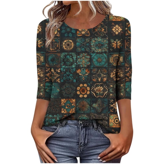 Lmueinov 3/4 Length Sleeve Womens Tops Vintage Print Loose Fit Casual Boho Tops Crew Neck Flowy T-Shirts Vacation Outfits for Women Summer Fall Travel