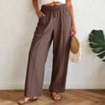 thumbnail image 2 of larppty Linen Pants Women Summer Elastic Waist Drawstring Straight Leg Pants Flowy Beach Vacation Lounge Trousers with Pocket (Brown, L), 2 of 9
