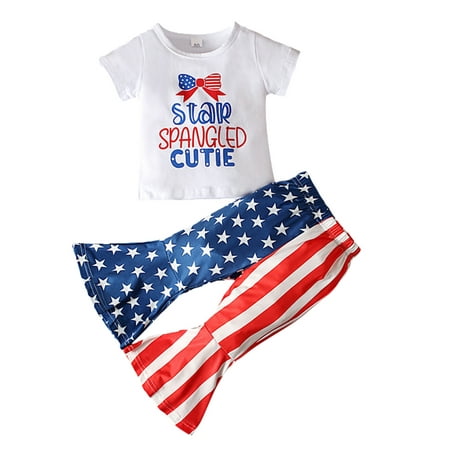 

XINSHIDE Toddler Kids Girls 4Th Of July Words Short Sleeve Independence Day T Shirt Tops Pants 2Pcs Outfits Set Baby Girl Clothes