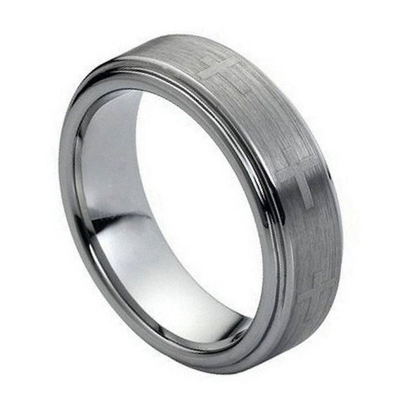 7mm Tungsten Carbide Stepped Edge Brushed Center With Cross Wedding Band Ring For Men Or Ladies