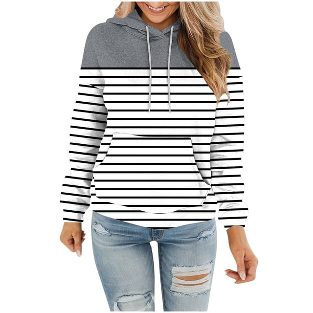 Womens Long Sleeve Hoods Outfits Sweatshirt Hooded Fall Winter Outfits 2025 Print Tops Pullover Hooded Sweatshirt Drawstring with Pocket Lightweight Loose Fit Sports Sweaters