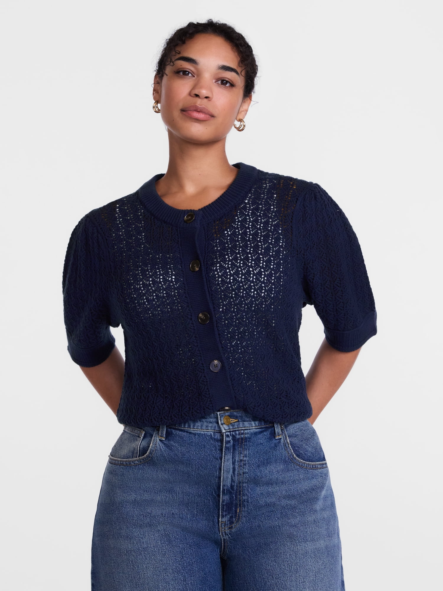 Scenario Women's and Women's Plus Crewneck Cardigan with Short Sleeves, Lightweight, Sizes XS-4X
