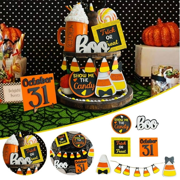 SDJMa 7 Pcs Halloween Tiered Tray Decor Set, Cute Candy Corn Halloween Wooden Signs, Farmhouse Rustic Tiered Tray Decoration for Home Office Kitchen Party Table Centerpiece