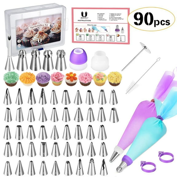 Uarter 90 Pcs Cake Decorating Supplies Kit with 52 Stainless Steel Piping Tips, 2 Silicone Piping Bags, 30 Disposable Piping Bags - Cake Decor Tools, Baking Supplies, Pie Decorating Tools