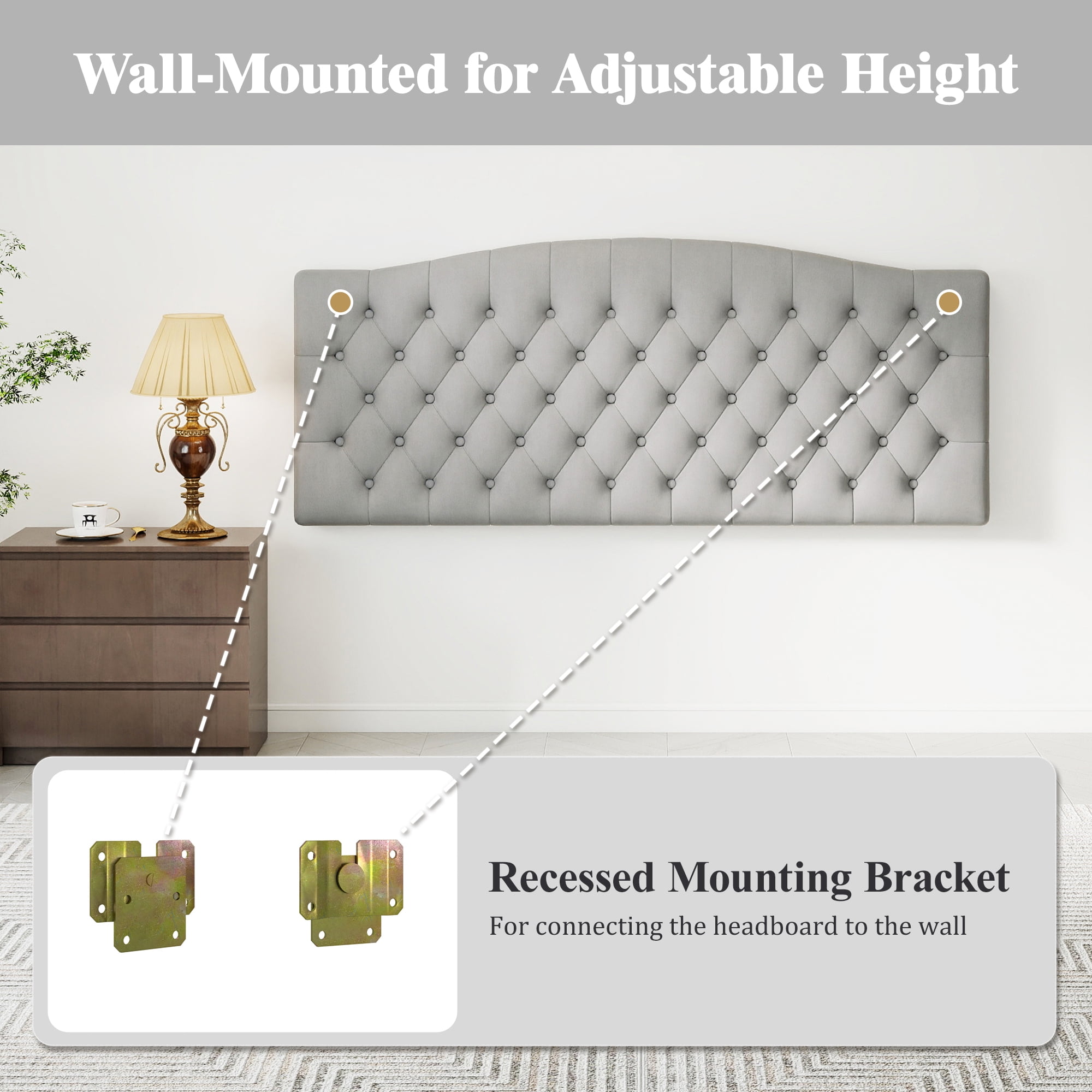 Queen Headboard Wall Mount & Bed Frame Compatible, Velvet Upholstered Button Tufted, Gray