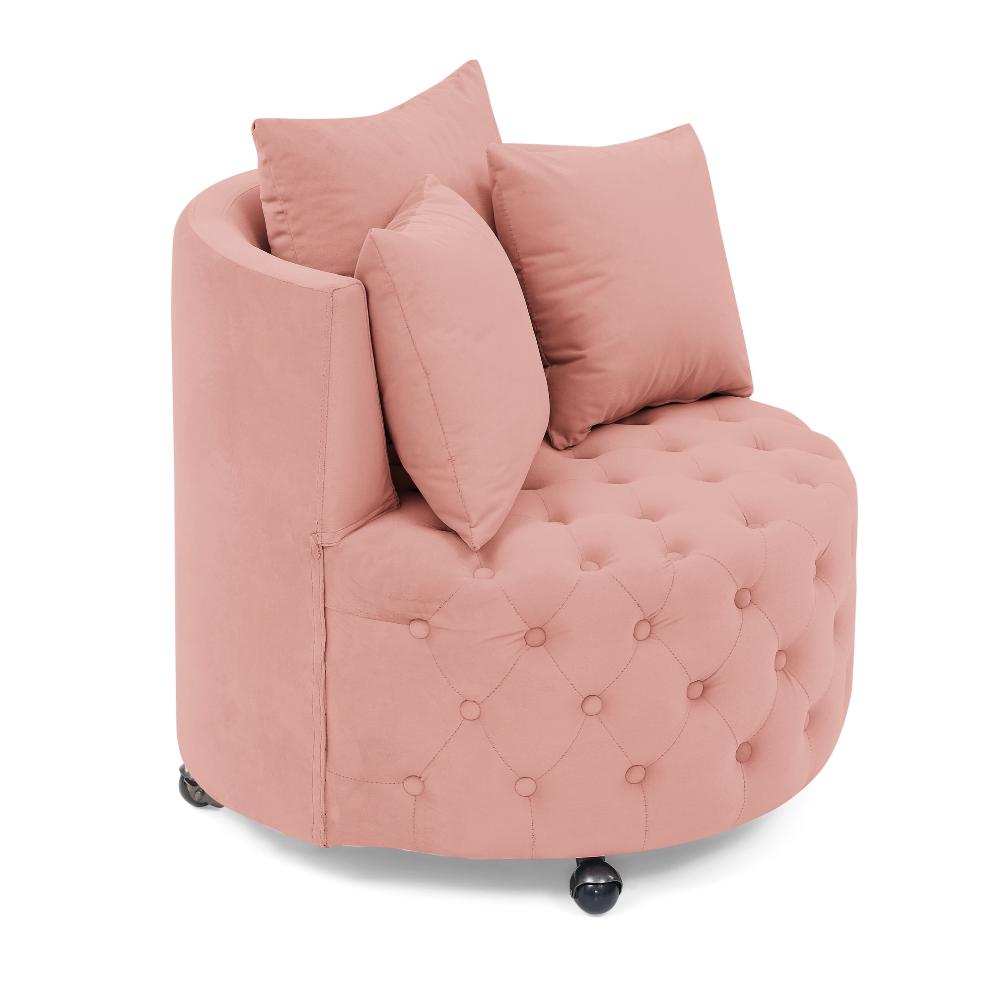 DEALTOPS Velvet Upholstered Swivel Chair for Living Room, with Button Tufted Design and Movable Wheels, Including 3 Pillows-Pink
