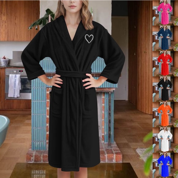 Meichang Women's Robe Soft Hooded Fleece Long Sleeve Winter Bathrobe Fluffy Cozy Knee Length Kimono Robes Fuzzy Pockets Robes with Belt