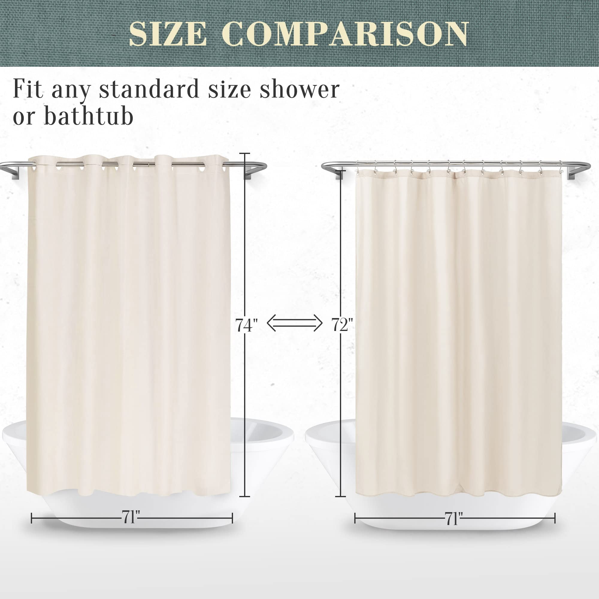 No Hook Peva Shower Curtain Or Liner - 8g Heavy Duty Beige Bathroom Hooks Required  Waterproof Plastic & Pvc Free Standard Size 71 X 74