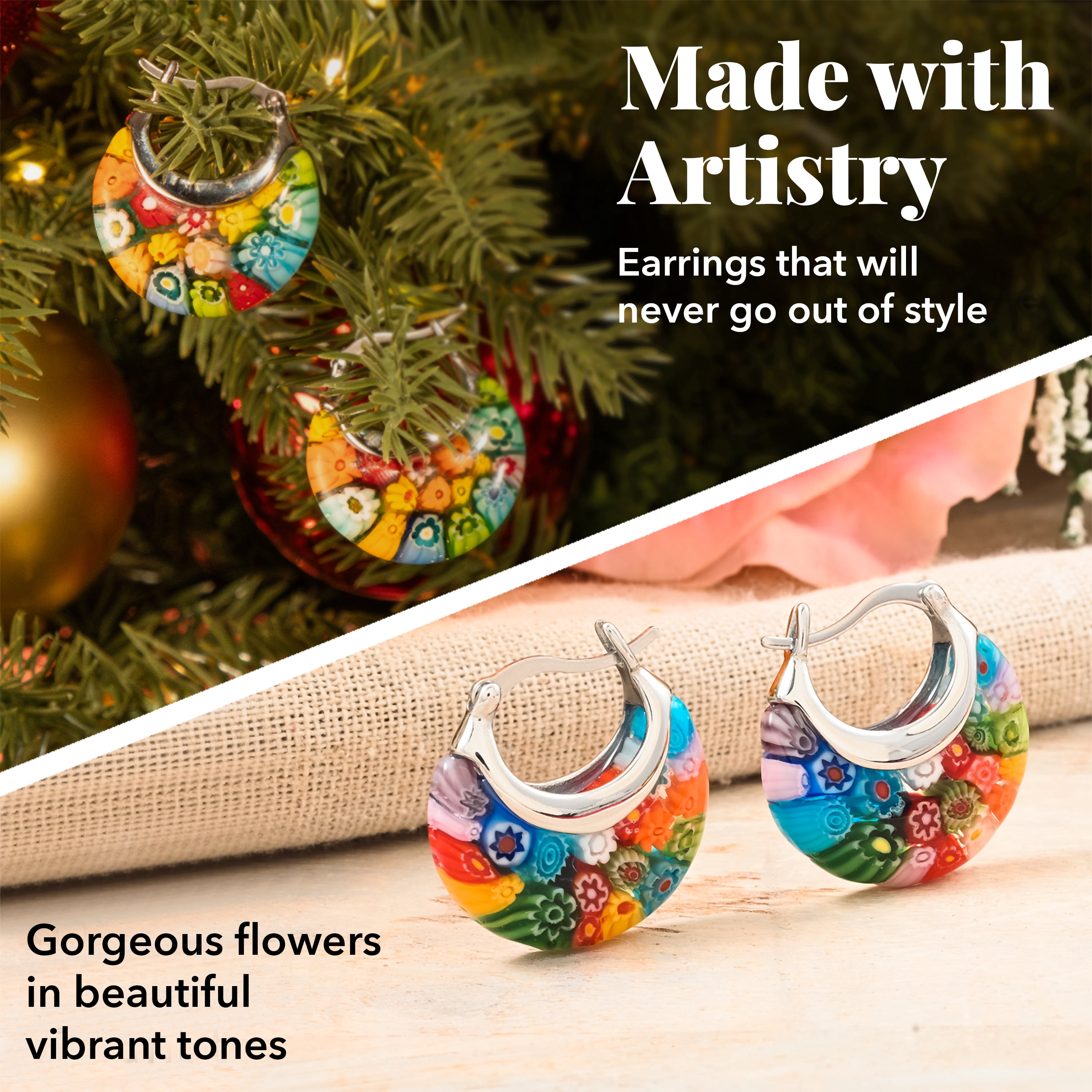 Murano Style Glass Hoop Earrings for Women Daisy Flower Stainless Steel Dangle Fun Vibrant Colorful Teacher Glass Jewelry Unique Anniversary 11.6 Gms Birthday Christmas Gifts