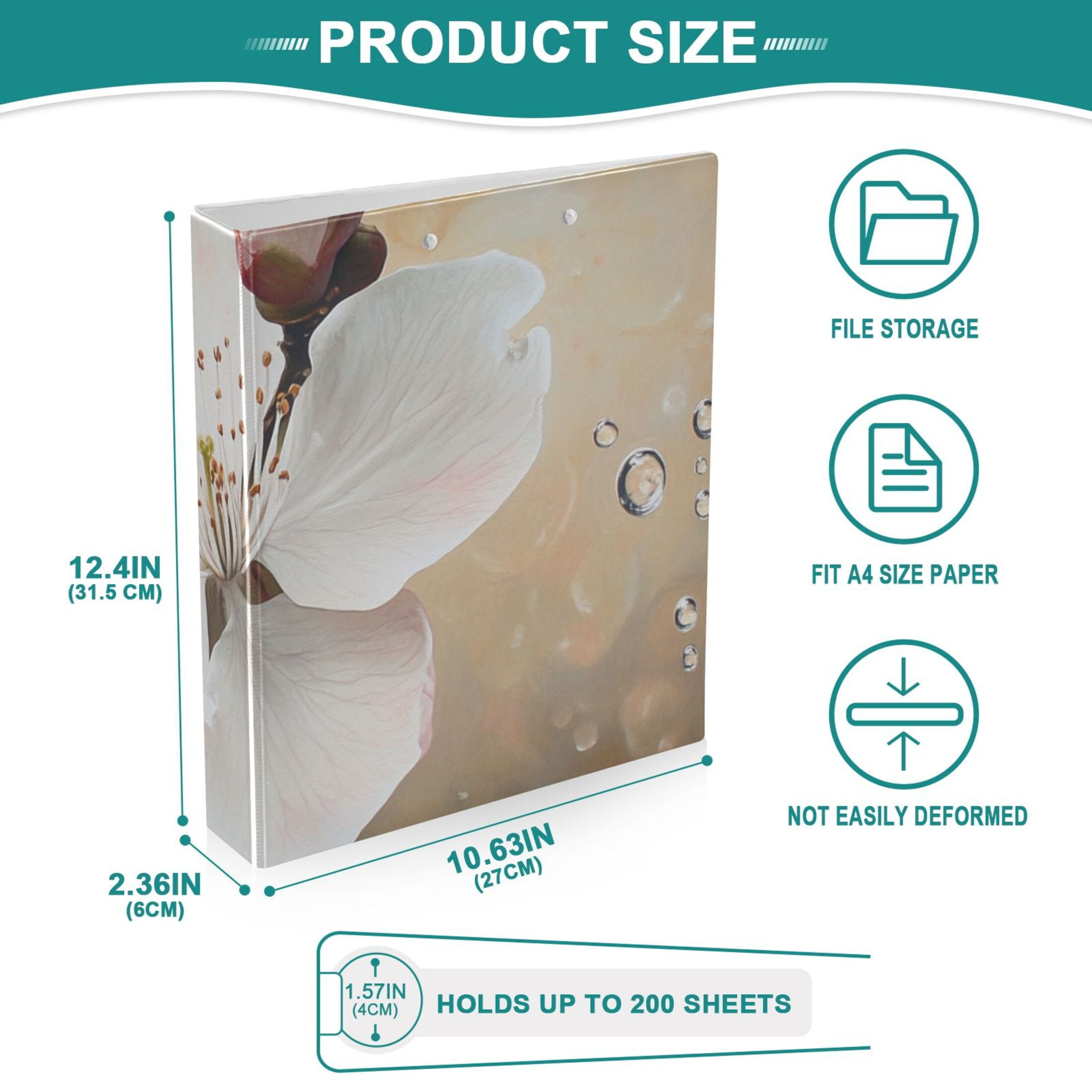 Blossom Drop 3 Ring Binders 1.5 inch Hardcover File Folders with Interior Pockets A4 Size Organizer for School Office Hospital