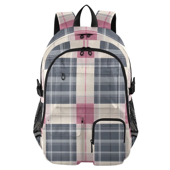DIXRUYEE Pink Navy Plaid Pattern Backpack for School 14”Laptop Compatible with Reflective Safety Strips