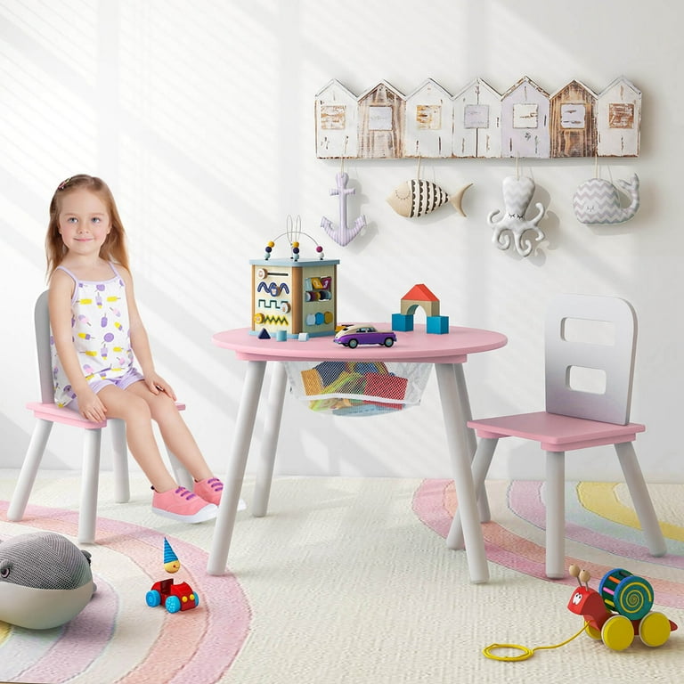 Costway Big Child Size Wooden Children s Furniture Round Table 2 Chairs Set with Center Mesh Storage Pink Walmart