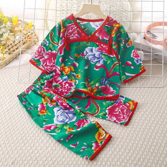 BOOMNY Girls 2 Peice Pajamas Sets Floral Graphic Short Sleeve Sleepwear Tops Pants Pjs Set for Kids Cozy Loungewear Homewear
