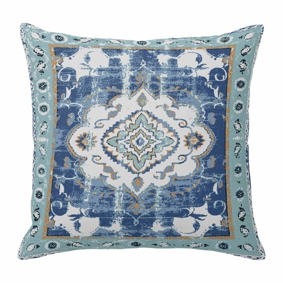 Pillow Covers 16x16 Inch, Blue Boho Linen Pillowcase with Invisible Zipper, Farmhouse Bohemian Medallion Oriental Flower Decorative Throw Pillow Covers Cushion Case for Couch Sofa Bed Living Room