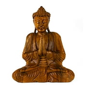 Wooden Serene Sitting Buddha "Anjali Mudra" Statue Handmade Meditating Sculpture Figurine Home Decor Accent Handcrafted Art Modern Oriental Decor Size: 8" tall x 7.5" wide x 3.5" deep