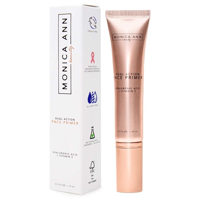 Prebase facial de doble acción Monica Ann Beauty - 15 ml | Prebase de maquillaje hidratante con vitamina C y ácido hialurónico | Minimizador de poros mate translúcido suavizante | Base de base para cu