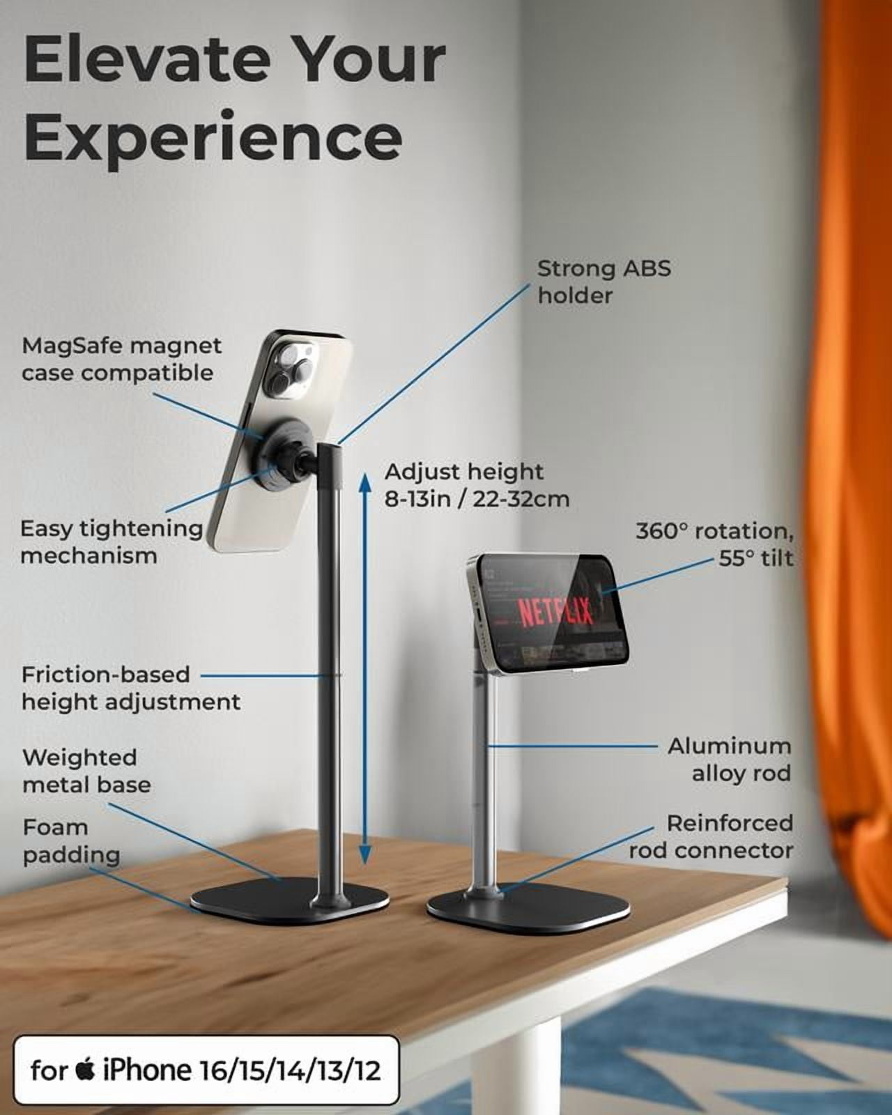 Cooper MagStand - MagSafe Height Adjustable iPhone Holder for Desk, MagSafe Cellphone Mount for iPhone 17/16/15/14/13/12, Strong Magnetic Cell Phone Stand