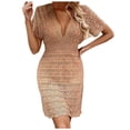 thumbnail image 2 of Swimsuit Coverup for Women Short Sleeve Deep V Neck Smocked Waist Crochet Knit Mini Dress Beach Cover Up Bathing Suit Dress, 2 of 6