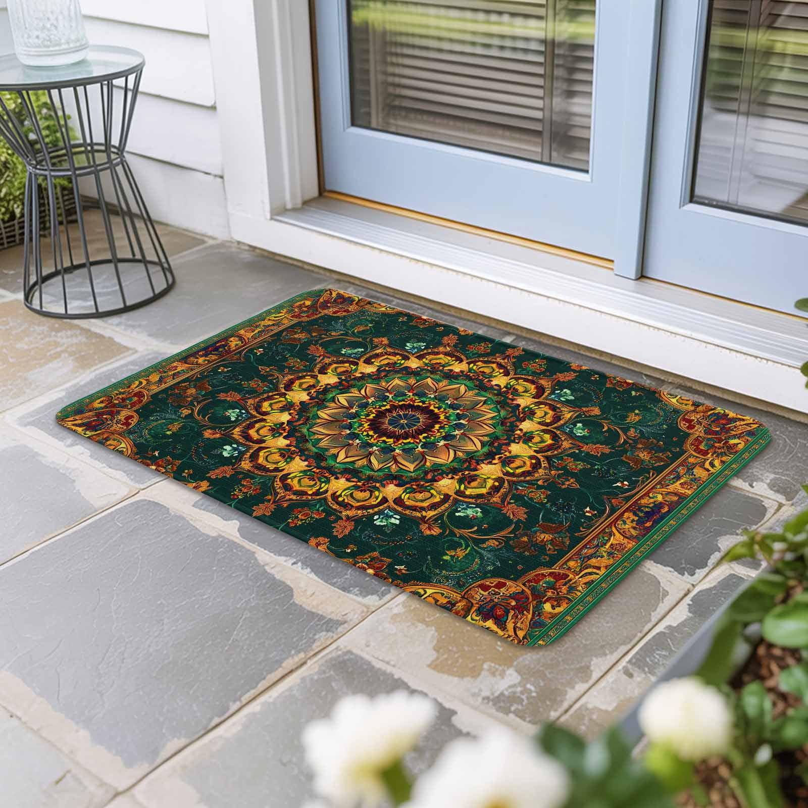 Bohemian Flower Doormat Outdoor Entrance 18"x30", Colorful Yellow Boho Rustic Tribal Absorb Moisture Dirt Door Mats, Non-Slip Rubber Backing Floor Mats Indoor, Low-Profile Front Door Rugs
