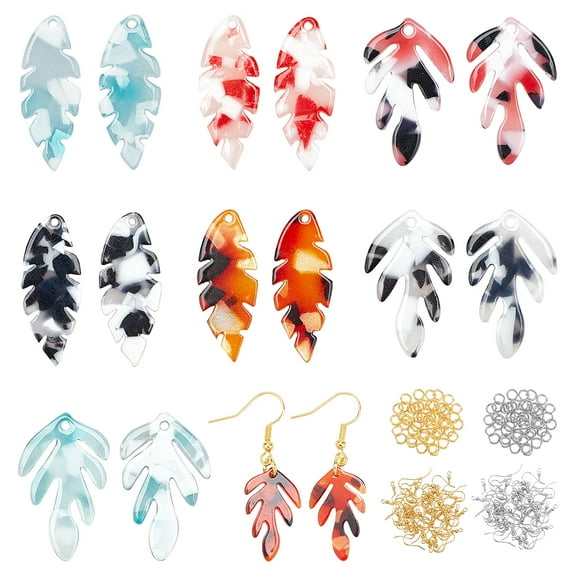 1Box DIY Dangle Earring Making Kits 32Pcs Leaf Cellulose Acetate(Resin) Pendants Iron Jump Rings & Earring Hooks Mixed Color 24.5x15~15.5x2.5mm Hole: 1.4mm 4pcs/color 4 colors/style