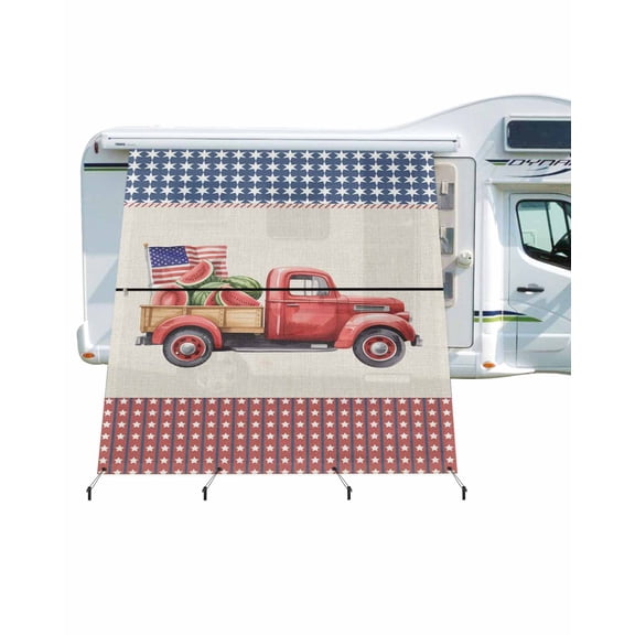 4th of July RV Awning Sun Shade Screen 9'X7' American Flag Watermelon Truck Mesh Sunscreen Patriotic Stars Awning Shade Screen with Zipper UV Blocker Completed Kits for RV Motorhome Camper
