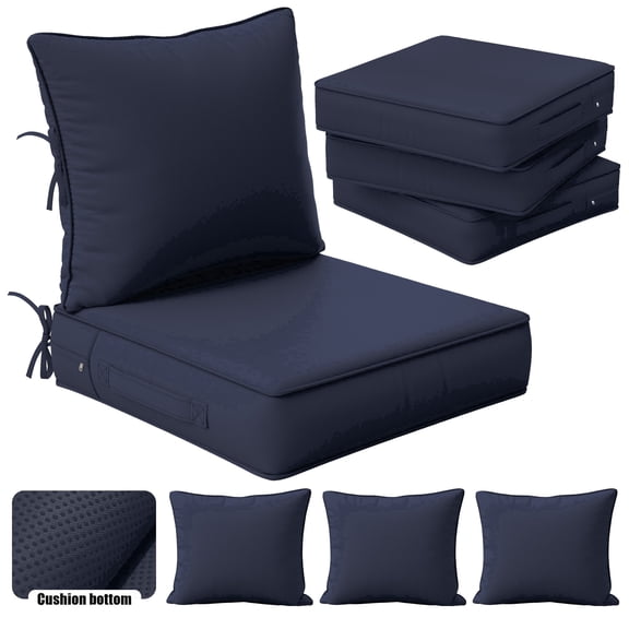 Kimunuk 4 Set Outdoor Cushion for Patio Furniture, 24" L X 24" W X 5" H Splash-Proof Outdoor Deep Seat Cushions with Tie for Patio Furniture, Navy Blue