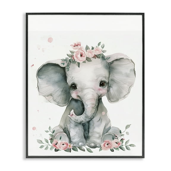 Stupell Industries Nursery Floral Elephant Animals Painting Black Framed Art Print Wall Art, 11 x 14