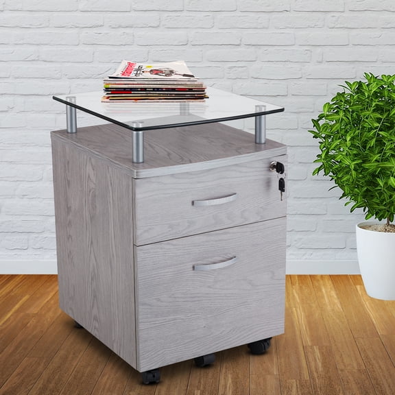 Rolling File Cabinet With Glass Top, Grey