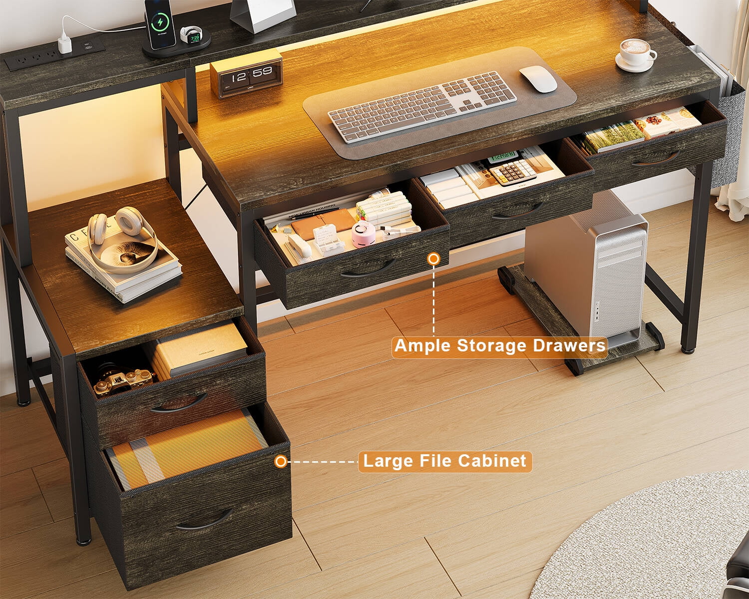 GUNAITO 60 inch Gaming Desk with 5 Fabric Drawers & Storage Shelves, Computer Desk with LED Lights & Charging Station,Gray