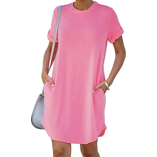 Puntoco Moda Mujer Verano Casual Deportes Mangas Enrolladas Color Sólido Doble Bolsillo Vestido De Manga Corta Camiseta Falda Manga Corta Vestido De Cuello Redondo Rosa L