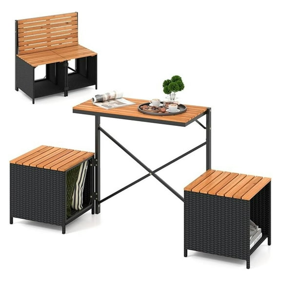 2-in-1 Outdoor Convertible , Transforming Interchangeable Picnic Table Garden Loveseat with Metal Frame, PE Rattan Wood Foldable Table and Chairs Set for Porch, Backyard & Deck