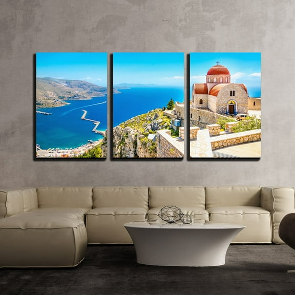 wall26 - 3 Piece Canvas Wall Art - Amazing View on Remote Church with Red Roofing on The Cliff of The Sea, Greece - Modern Home Art Stretched and Framed Ready to Hang - 16"x24"x3 Panels