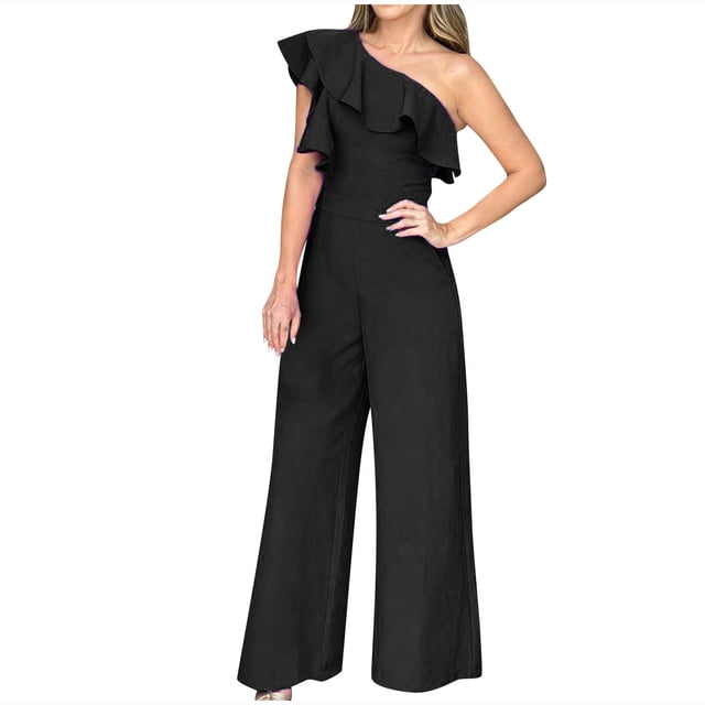 FAIWAD Womens Casual Jumpsuits Off Shoulder Sleeveless Ruffle Rompers Straight Wide Leg Party Romper