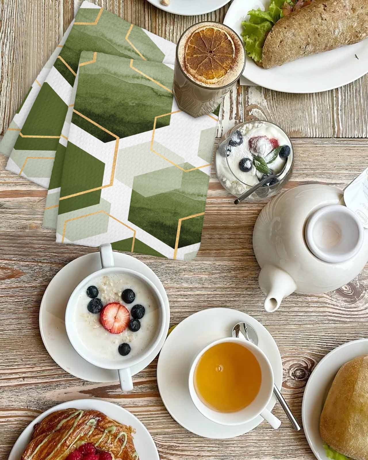 Sage Green Marble Kitchen Dish Towels for Drying Dishes Set of 2, Gold White Geometric Hexagon Modern Waffle Weave Microfiber Hand Tea Bathroom Towels Quick Dry & Absorbent Towel 15.7x23.6