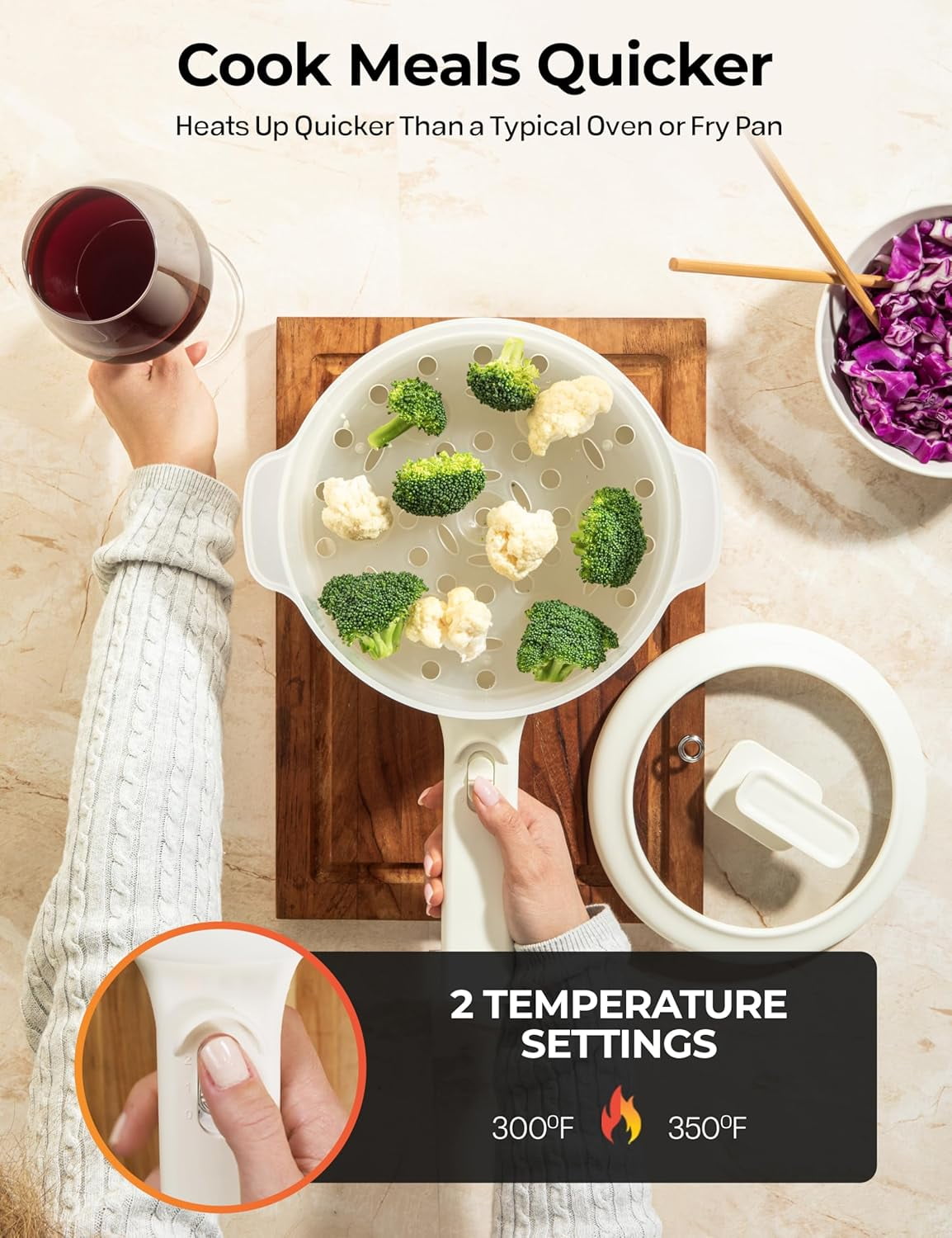 Ceramax Electric Hot Pot 2.5L Nonstick Ceramic Skillet Pan Mini Cooker with Lid Steamer for Frying Eggs Ramen Rice Saute