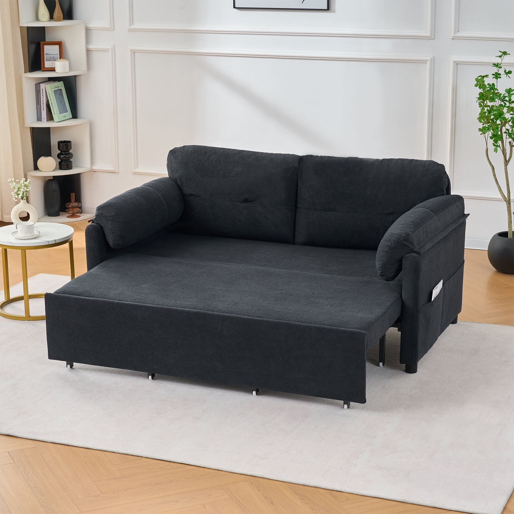 72" Chenille Fabric Sleeper Loveseat Couch, Pull-Out Couch Bed with Silent Casters, Convertible Loveseat Sofa Bed with Side Storage for Living Rooms, Studios, Black
