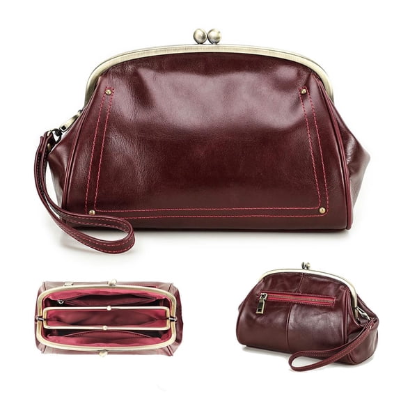 Contact's Dual Kiss Lock Clutch Bag for Women Leather Evening Bag Large Clutch Purse Vintage Handbag Phone Organizer (Wine Red)