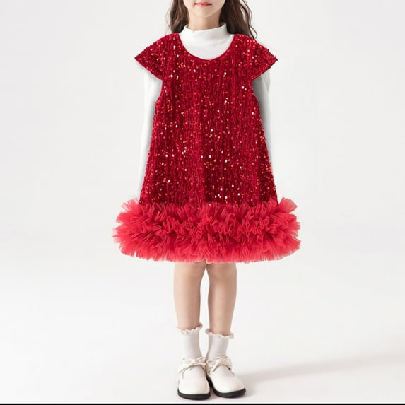 Rggeeun Tutu Dress For Girls Sparkly Sequin Birthday Party Prom Dresses Toddler Girls Sneaker Gown Dress Birthday Casual O-Neck Sundress