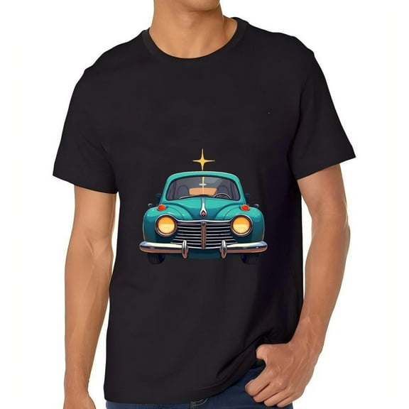 Men's Cotton Short Sleeve T-Shirt - Classic Car Design with Body & Round Headlights Stylish Graphic Tee Top