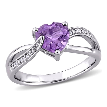 AMOUR Amethyst and Diamond Heart Crossover Ring In Sterling Silver