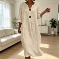 thumbnail image 6 of Linen Dresses for Women 3/4 Sleeve Loose Casual V Neck Lightweight Flowy Long Maxi Dress Vacation Beach Dress, 6 of 7