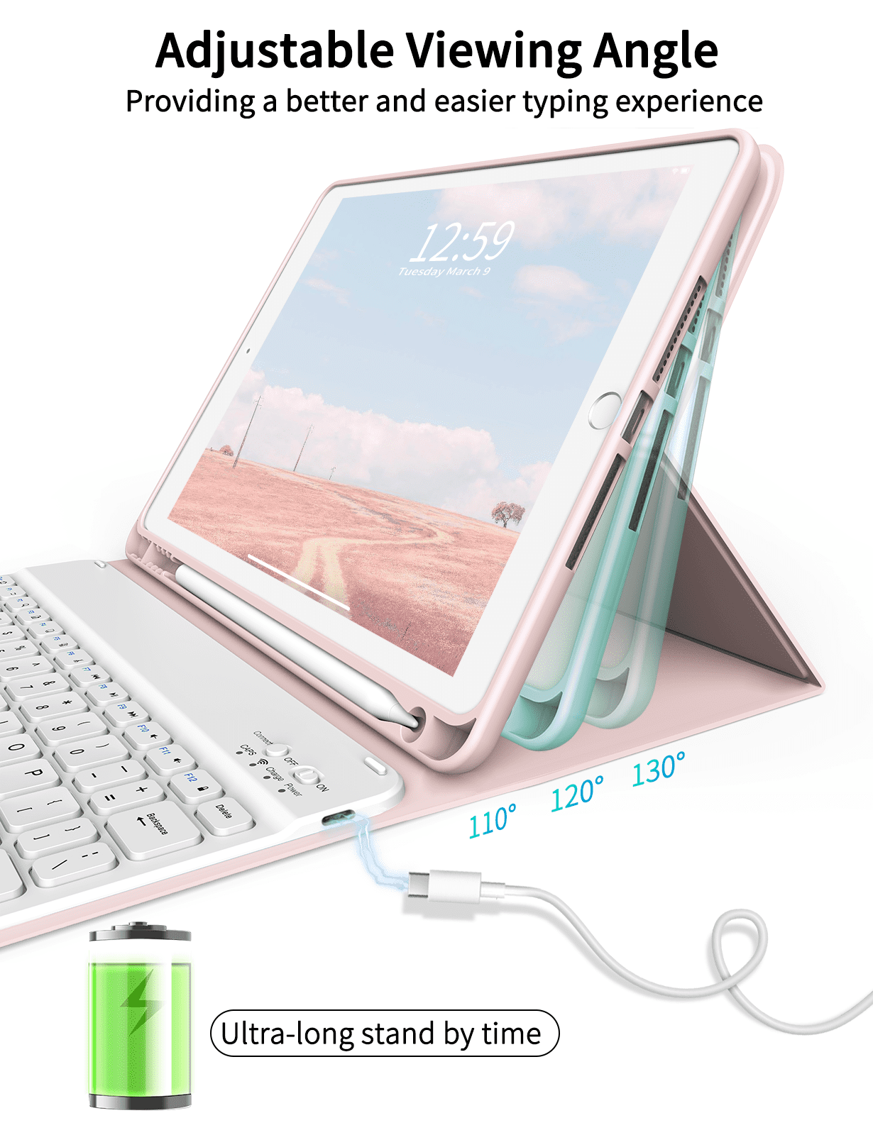 Aoub Keyboard Case for iPad 6th / 5th Generation 2018/2017 9.7 Inch, iPad Air / Air 2, Magnetic Detachable Wireless Bluetooth Folio Stand Rechargeable Keyboard Cover with Pencil Holder, Pink