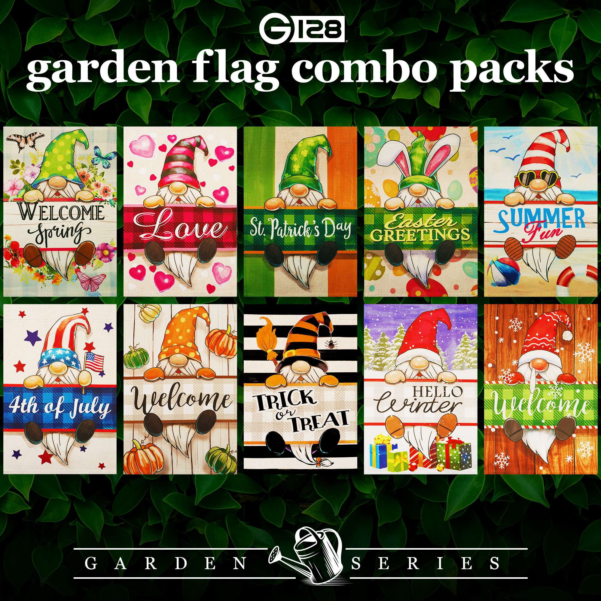 G128 Garden Flags Set of 10 Double Sided 12"x18" Seasonal Holiday Flag Gnomes Yard Garden Lawn Decoration