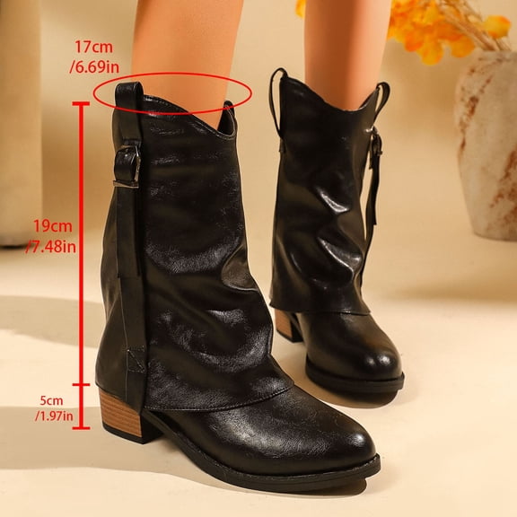 SKIYLEVZ Mid-calf Boots for Women Wide Calf Cowgirl Boots Style Side Zipper Classic Round Toe Cowgirl Boots Fall Slip On Women Shoes Cowgirl Boots Winter Boots for Women