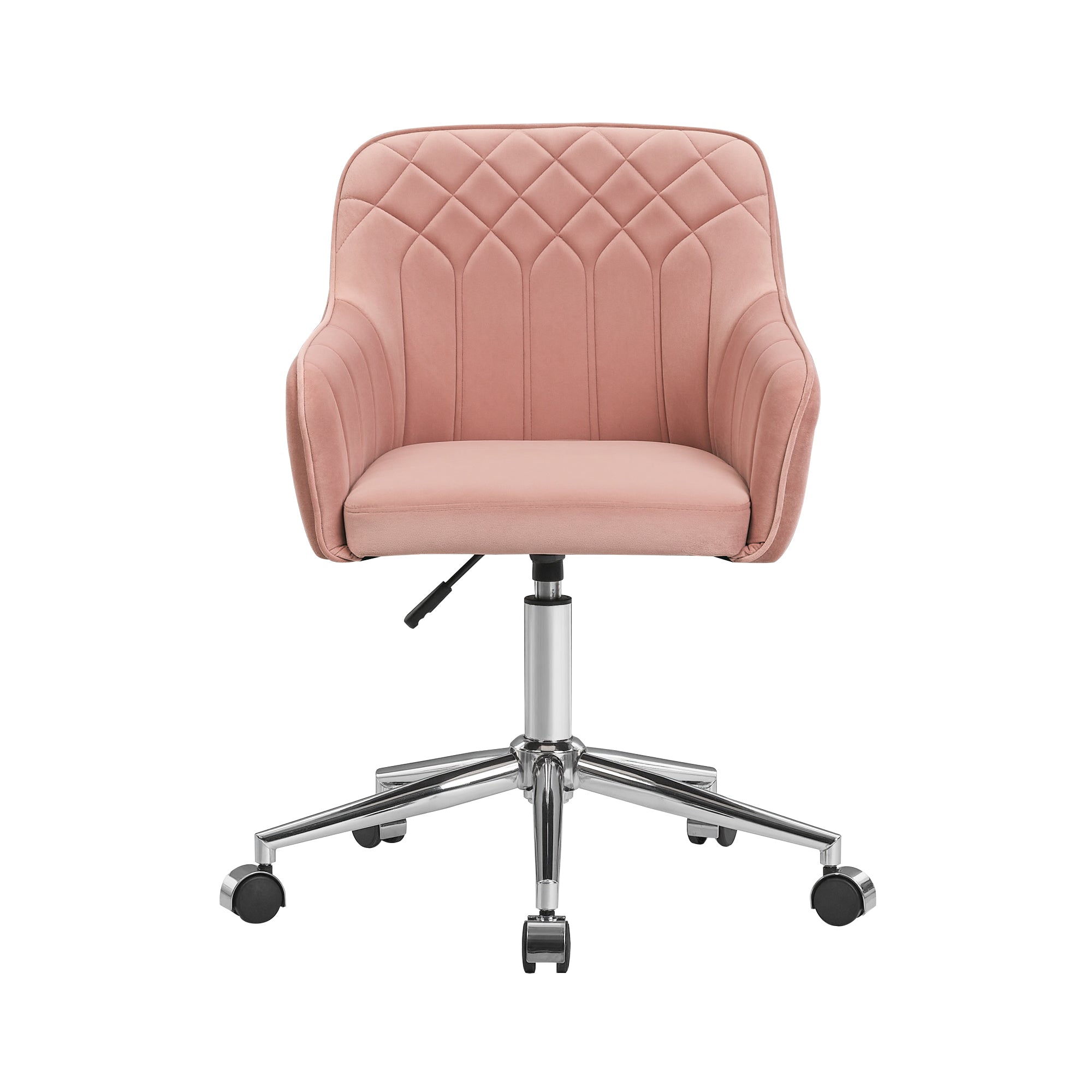 VECELO Modern Velvet Accent Chair, Upholstered Swivel Desk Chair with Silver Base, Adjustable Height Vanity Chair with Wheels for Study, Living Room, Bedroom, Pink