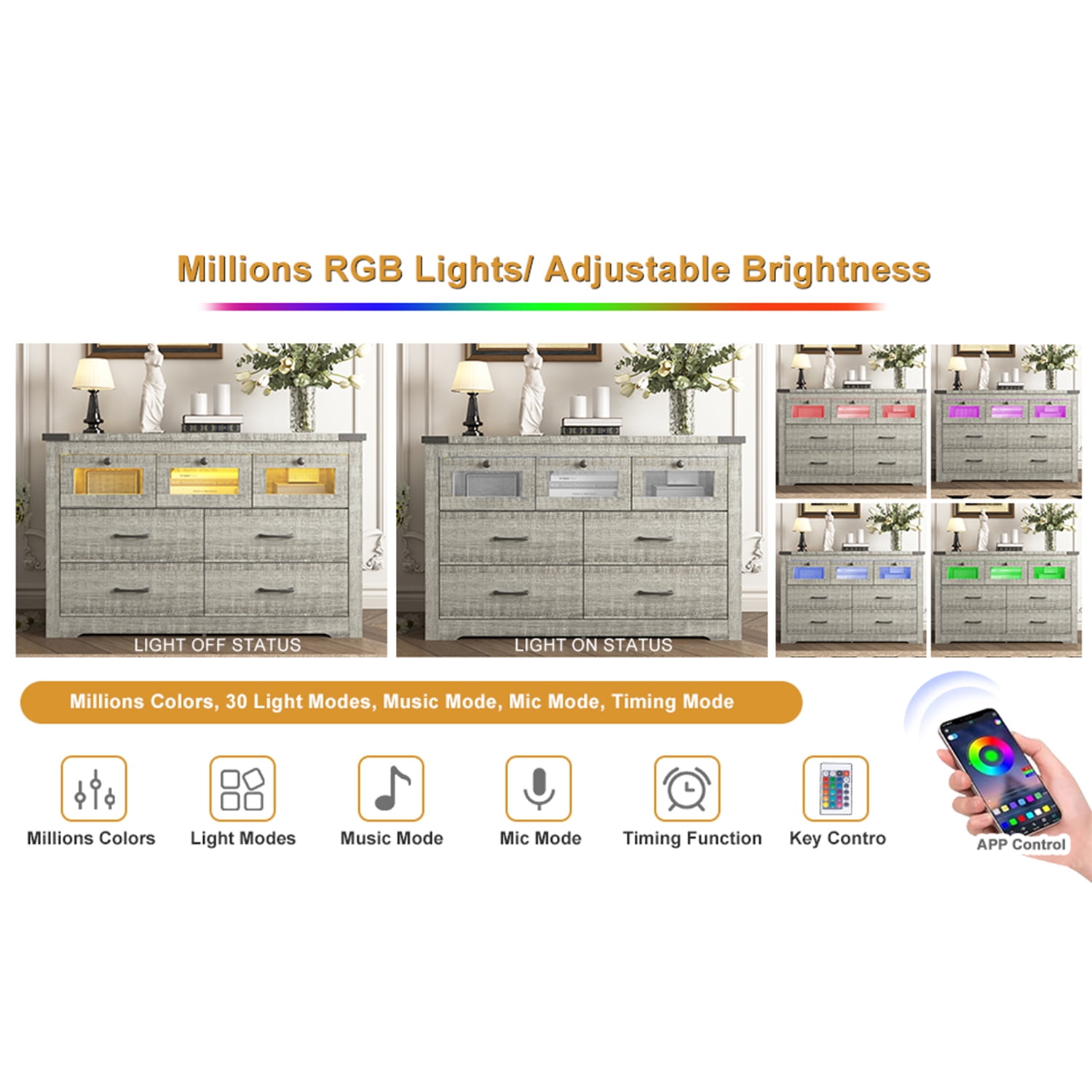 Kepooman Chest of Drawers, 7 Drawer LED Dresser for Living Room, Nursery Dresser, Cement Grey Kepooman Chest of Drawers, 7 Drawer LED Dresser for Living Room, Nursery Dresser, Cement Grey
