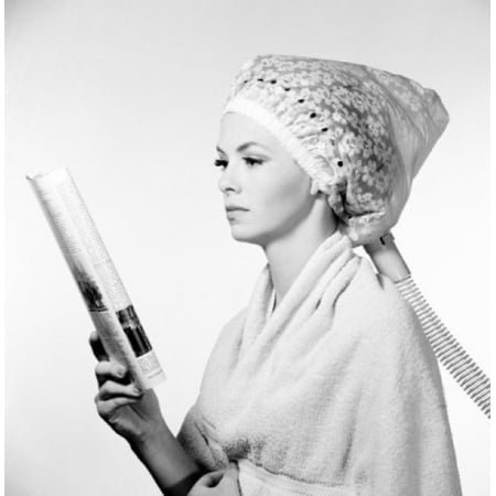 Young woman reading magazine at hair salon Poster