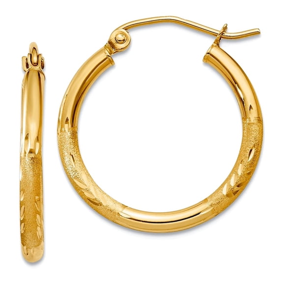 10k Solid Yellow Gold Satin and Sparkle-Cut 2mm Round Tube Hoop Earrings 20mm Long 2mm Thick Hoop Earring for Women