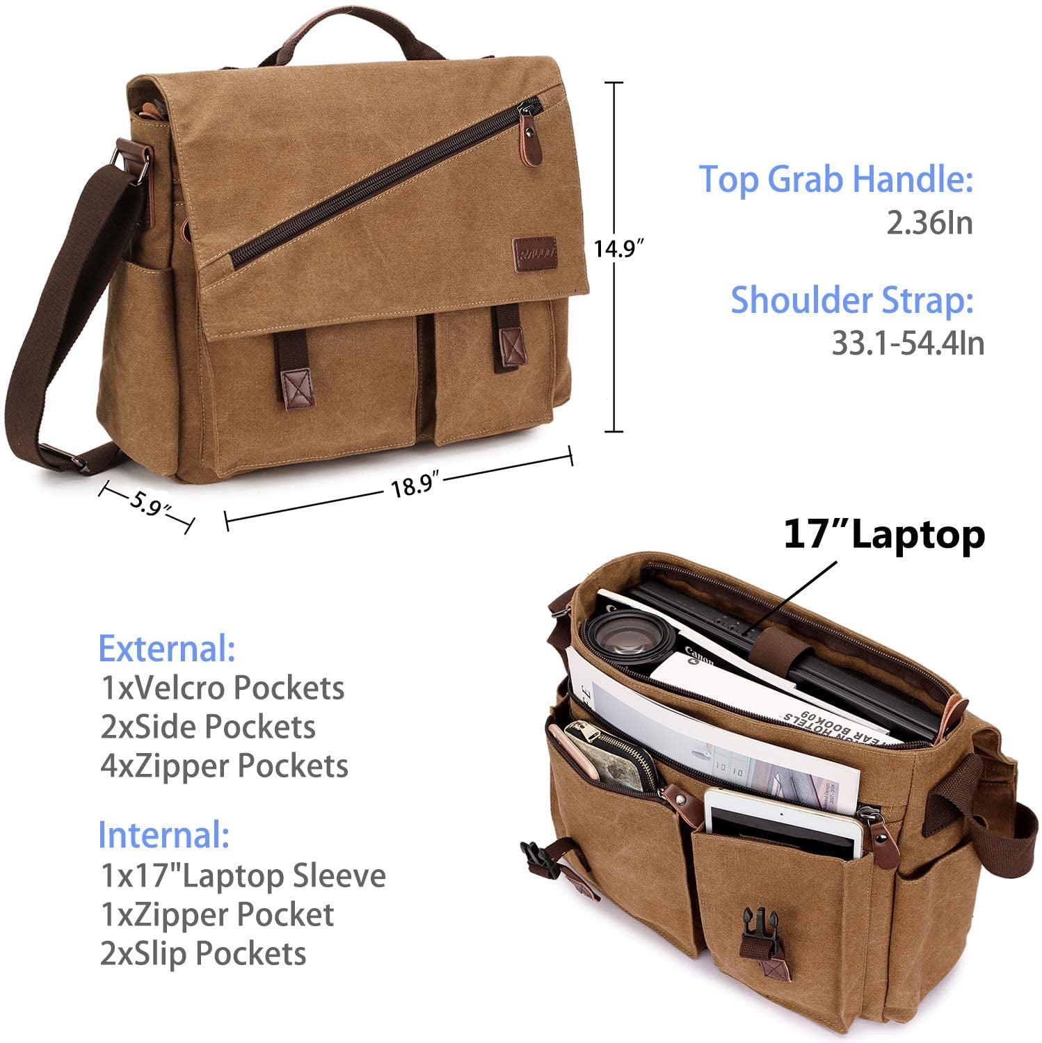 Messenger Bag for Men,Water Resistant Canvas Satchel 14 15.6 17 Inch Laptop Briefcases Business Shoulder Bookbag by RAVUO 