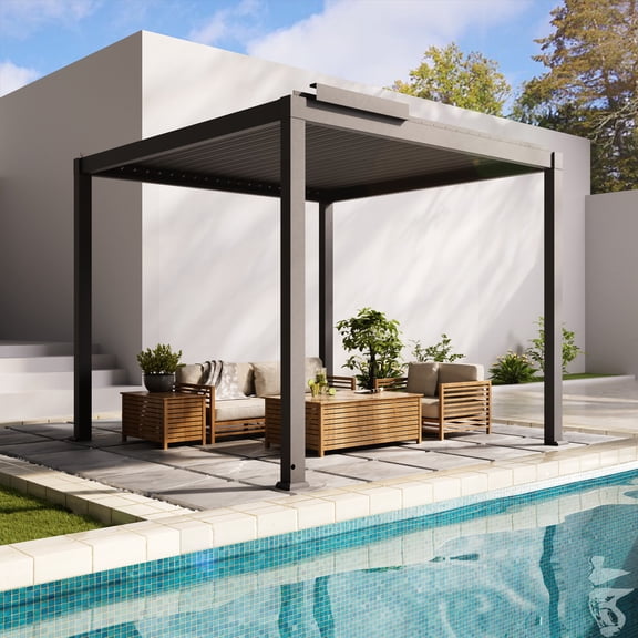 Mondawe 10x10FT Electric Aluminum Louvered Pergola with Integrated LED Lights